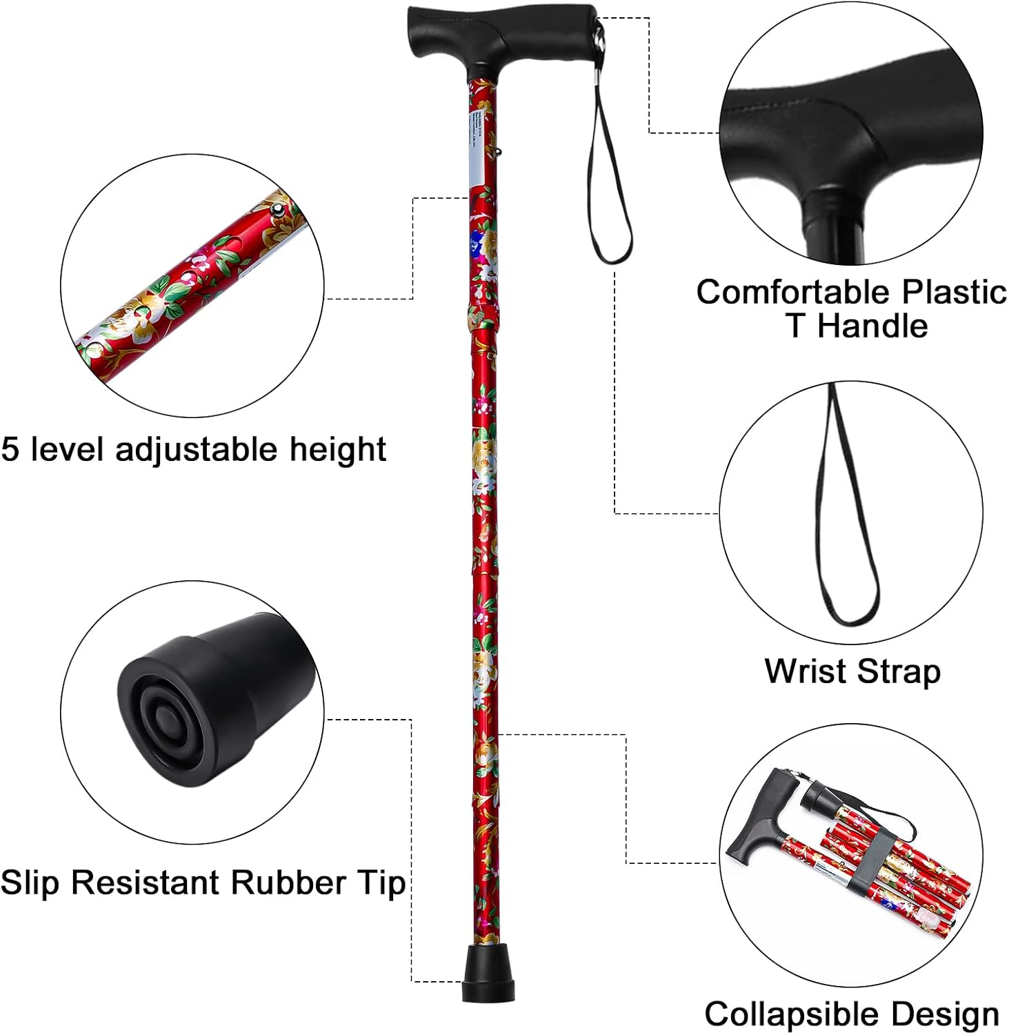 iCatchy Walking Flexible Stick, Easy Adjustable Height Folding Extendable Walking Aid Mobility Aid Collapsible Walking Stick for Unisex UKCA Approved