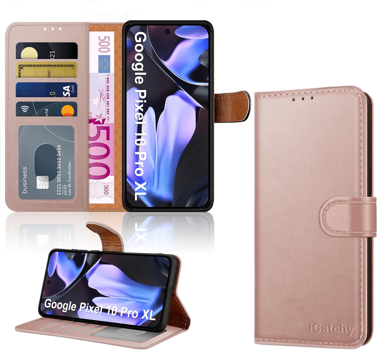 iCatchy Case for Google 10 Pro XL with 4 Card Slots Leather Wallet Flip Book Magnetic Closure Kickstand Shockproof Protective Phone Cover compatible with Pixel 10 Pro XL