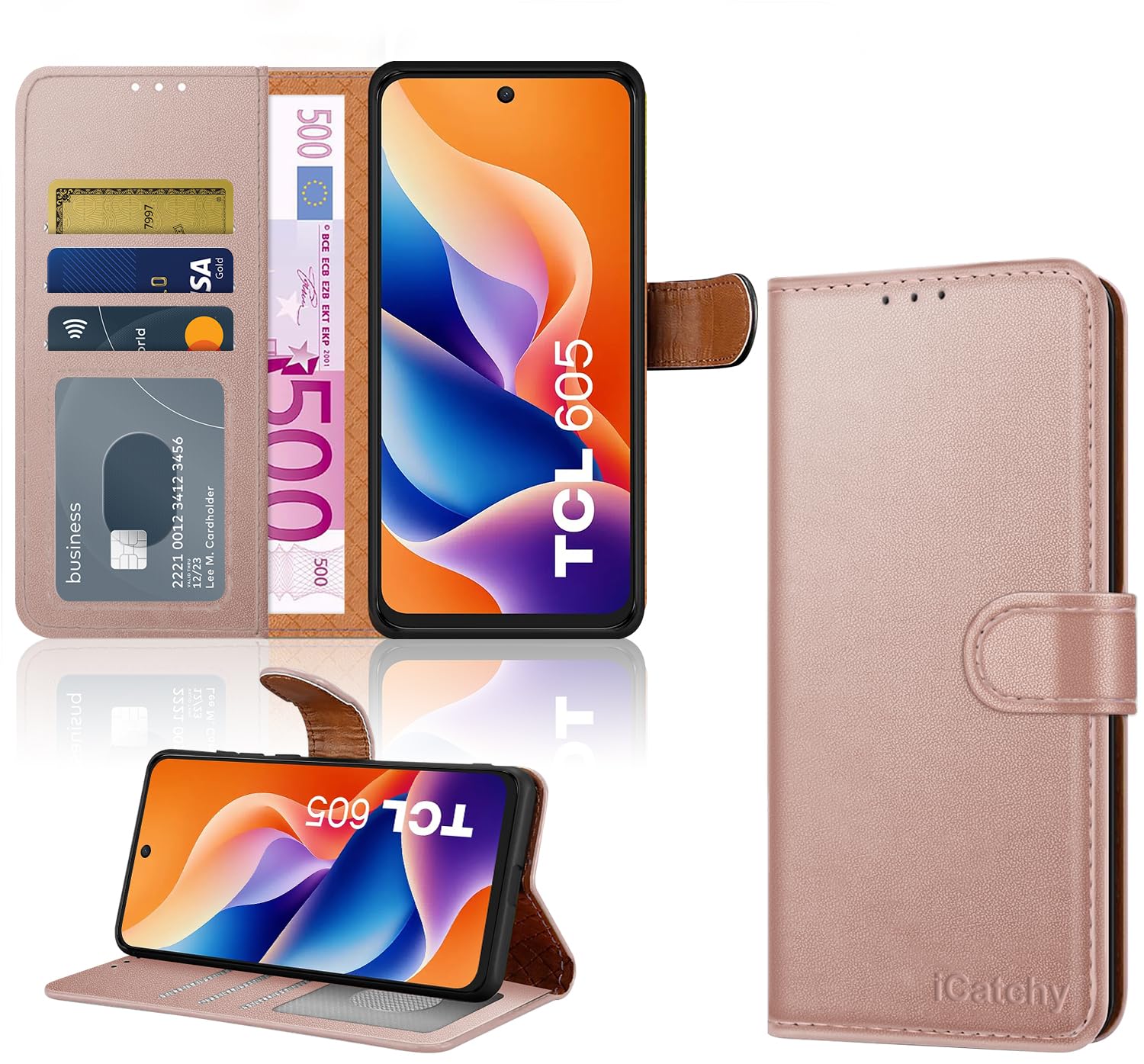 iCatchy for TCL 605 Case with 3 Card Slots Leather Wallet Flip Book RFID Blocking Magnetic Closure Kickstand Shockproof Protective Phone Cover compatible with TCL 605