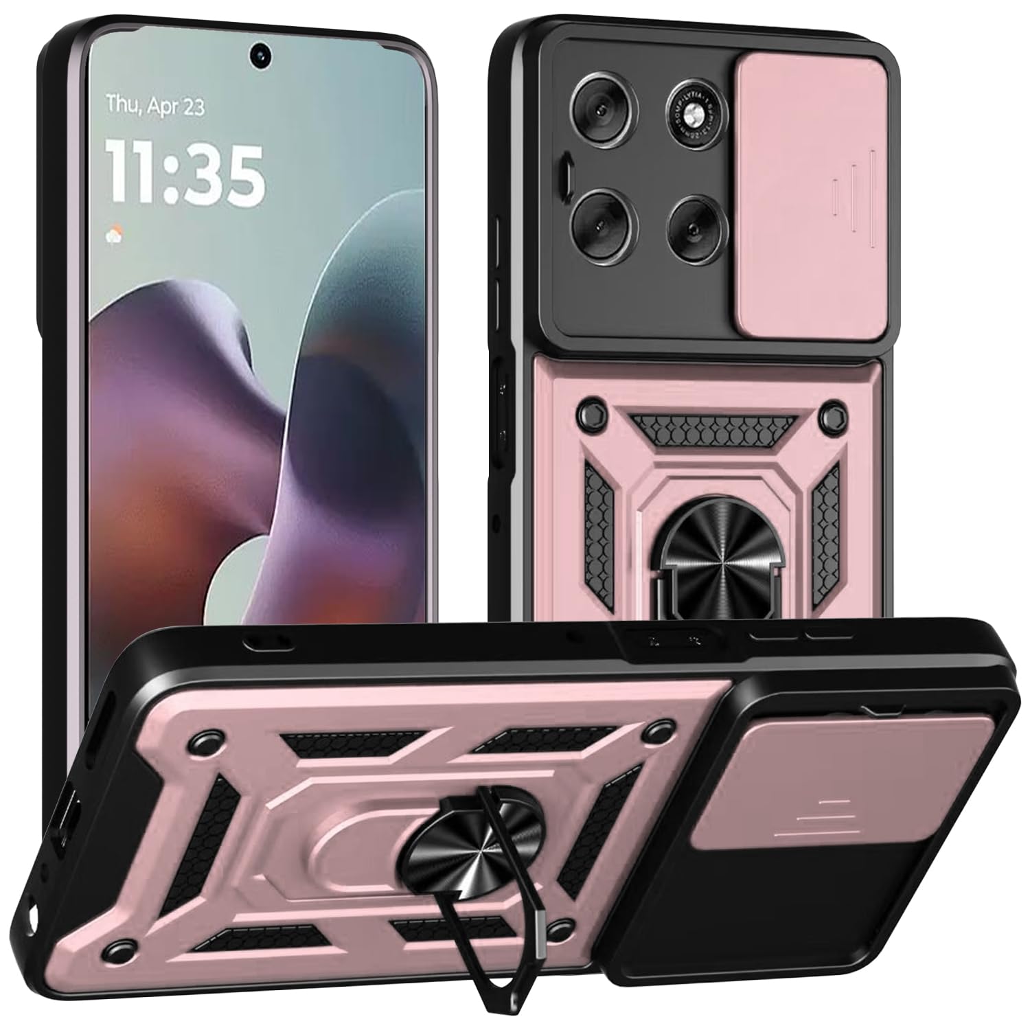 iCatchy Case for Motorola G56 Sliding Camera Cover Shockproof Heavy-duty Military Rugged Ring Holder Kickstand for Moto G56 Phone