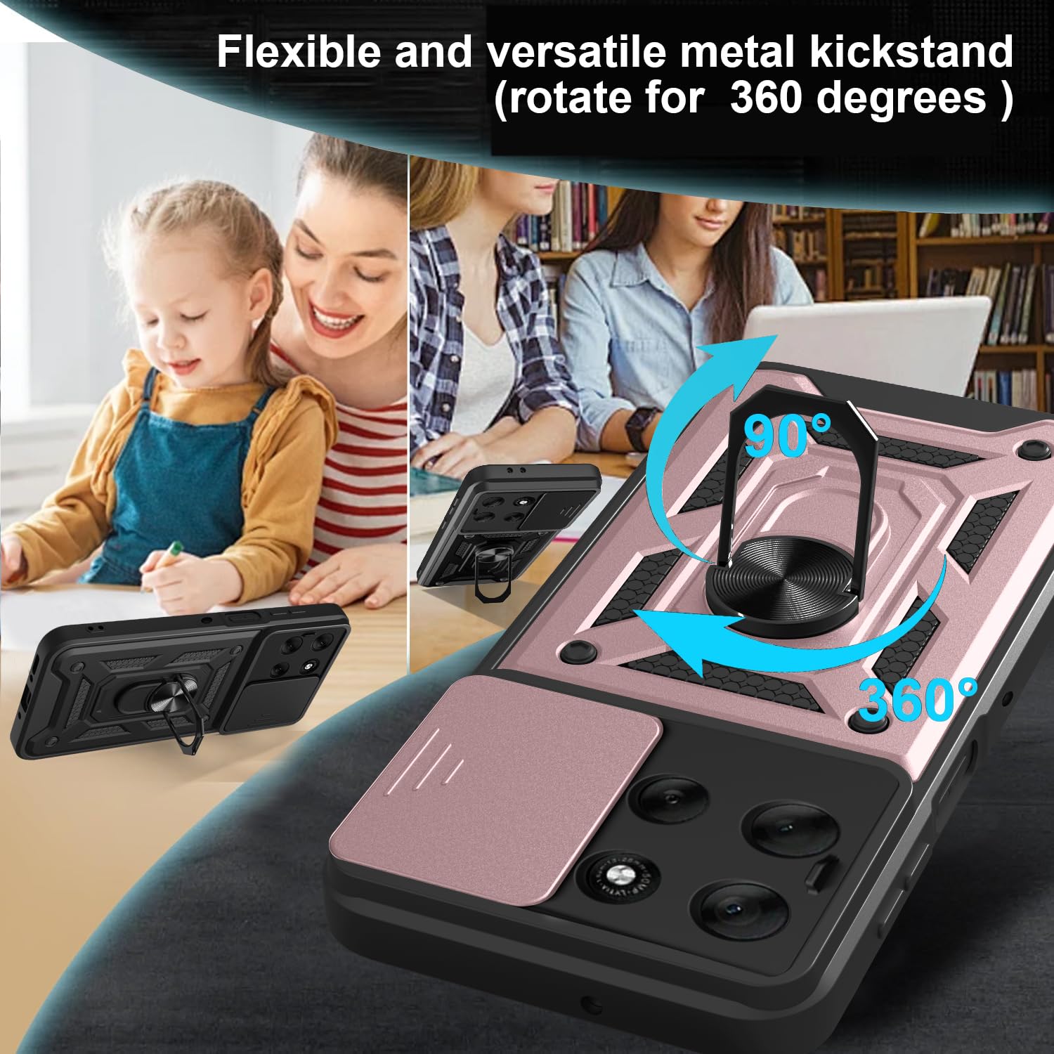 iCatchy Case for Motorola G56 Sliding Camera Cover Shockproof Heavy-duty Military Rugged Ring Holder Kickstand for Moto G56 Phone