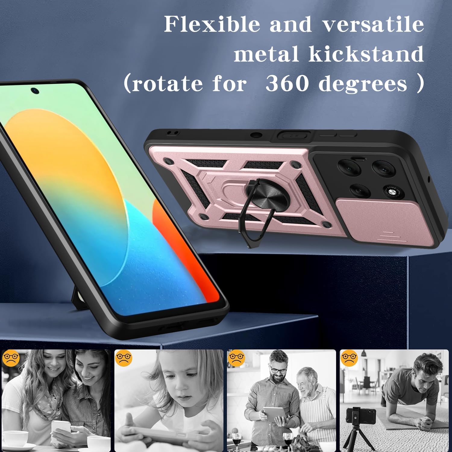 iCatchy Case for Motorola G56 Sliding Camera Cover Shockproof Heavy-duty Military Rugged Ring Holder Kickstand for Moto G56 Phone