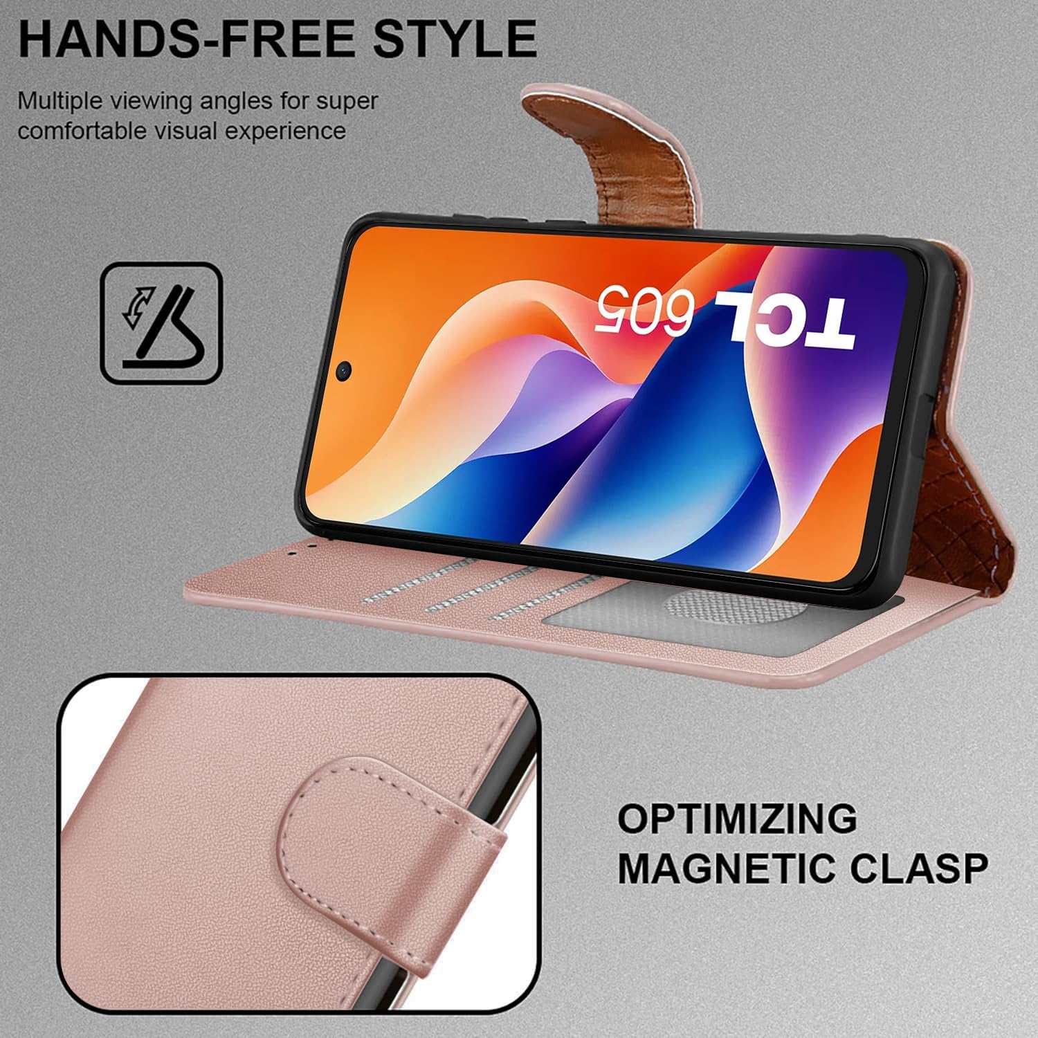 iCatchy for TCL 605 Case with 3 Card Slots Leather Wallet Flip Book RFID Blocking Magnetic Closure Kickstand Shockproof Protective Phone Cover compatible with TCL 605