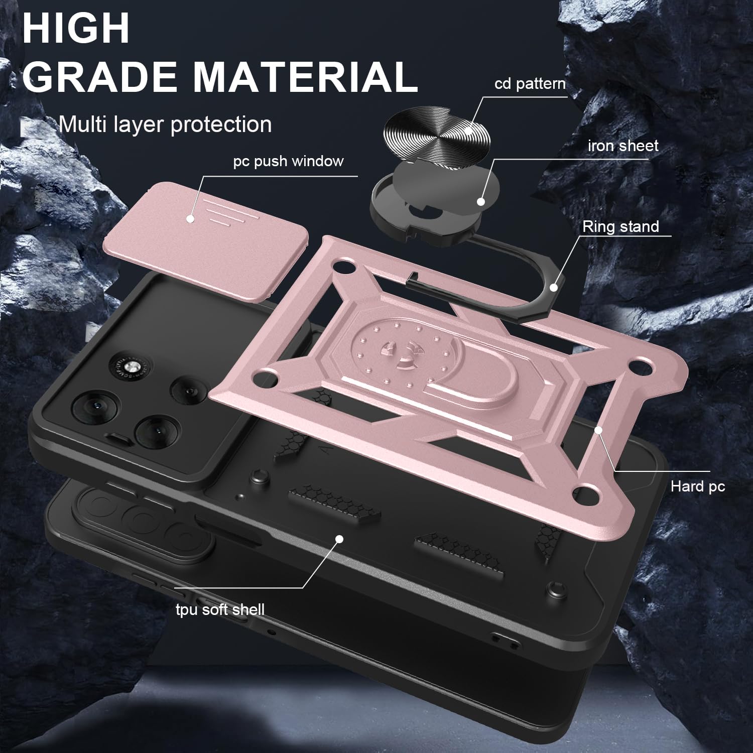 iCatchy Case for Motorola G56 Sliding Camera Cover Shockproof Heavy-duty Military Rugged Ring Holder Kickstand for Moto G56 Phone