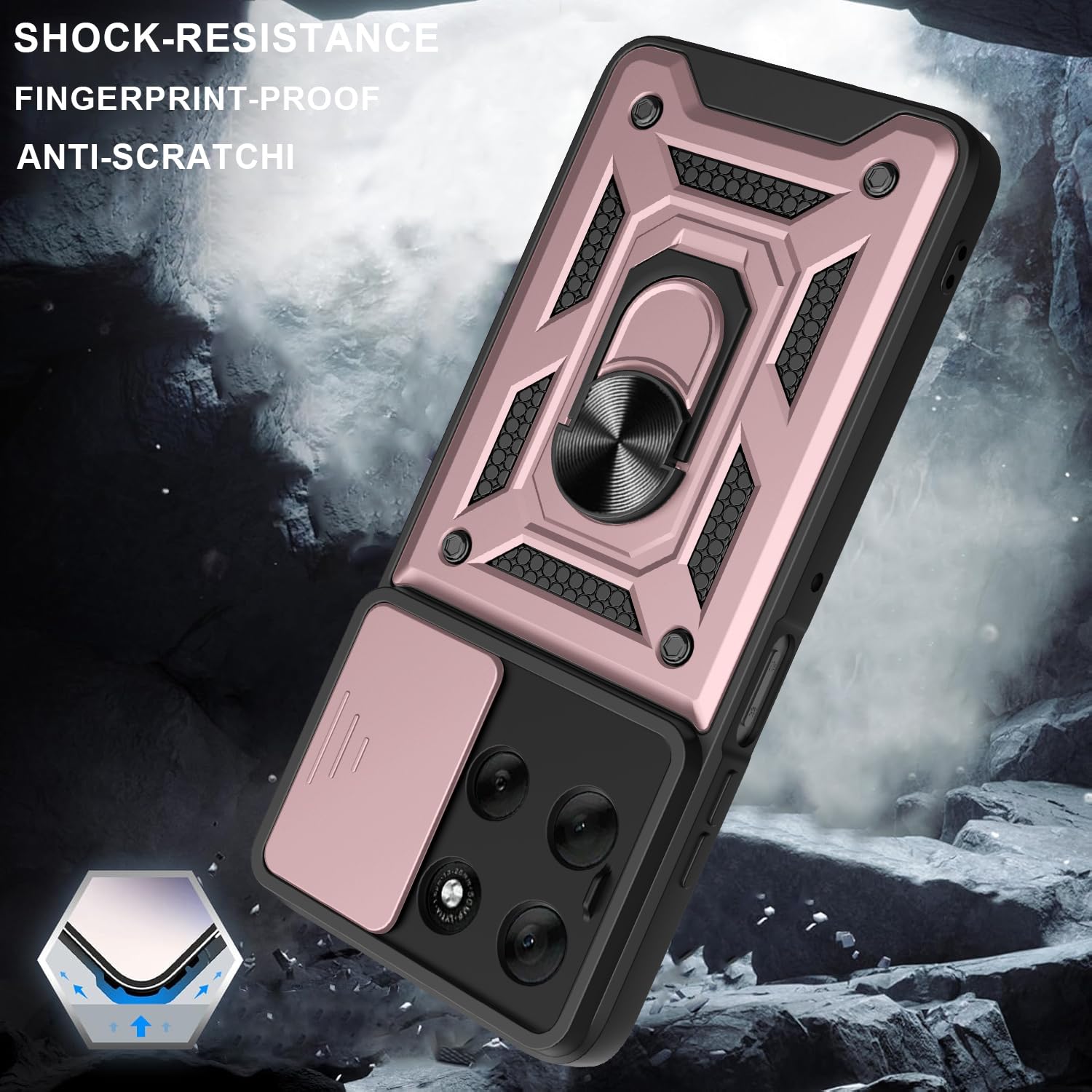 iCatchy Case for Motorola G56 Sliding Camera Cover Shockproof Heavy-duty Military Rugged Ring Holder Kickstand for Moto G56 Phone