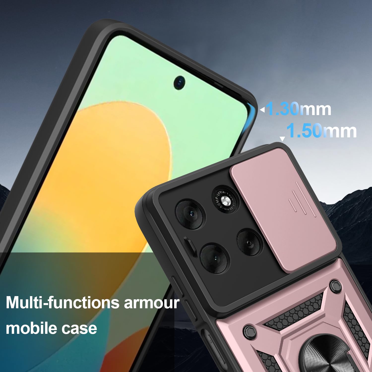 iCatchy Case for Motorola G56 Sliding Camera Cover Shockproof Heavy-duty Military Rugged Ring Holder Kickstand for Moto G56 Phone