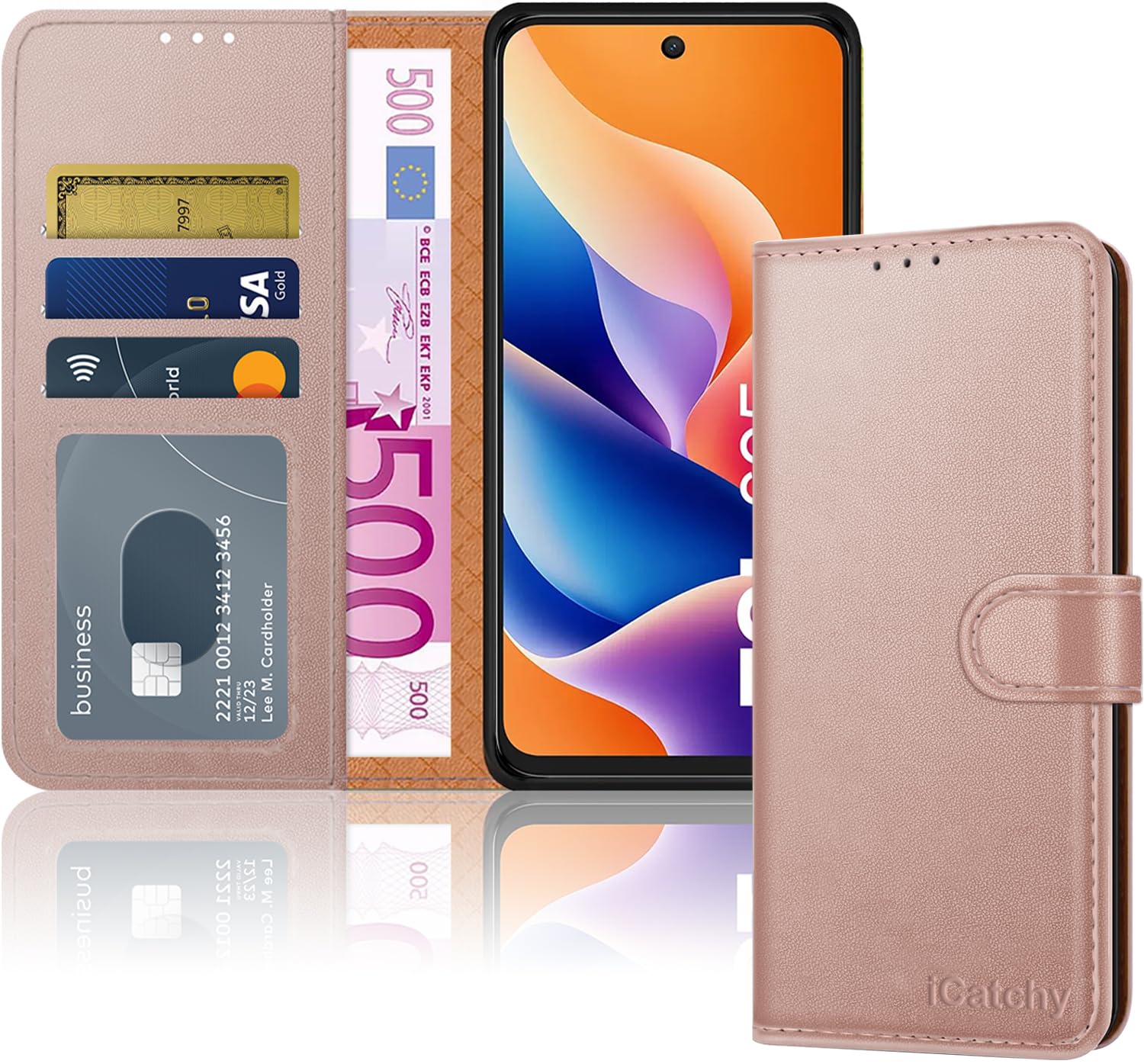 iCatchy for TCL 605 Case with 3 Card Slots Leather Wallet Flip Book RFID Blocking Magnetic Closure Kickstand Shockproof Protective Phone Cover compatible with TCL 605