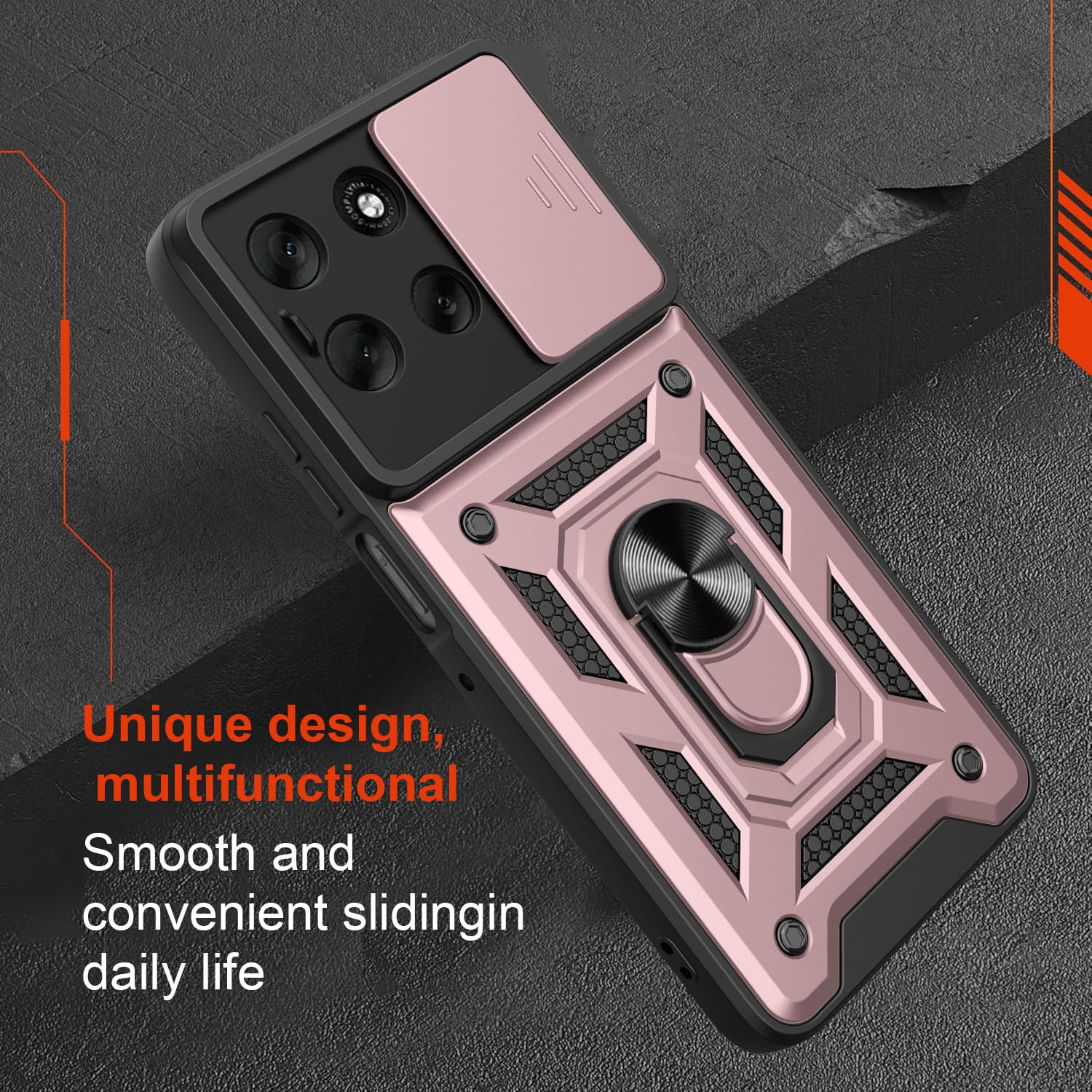 iCatchy Case for Motorola G56 Sliding Camera Cover Shockproof Heavy-duty Military Rugged Ring Holder Kickstand for Moto G56 Phone