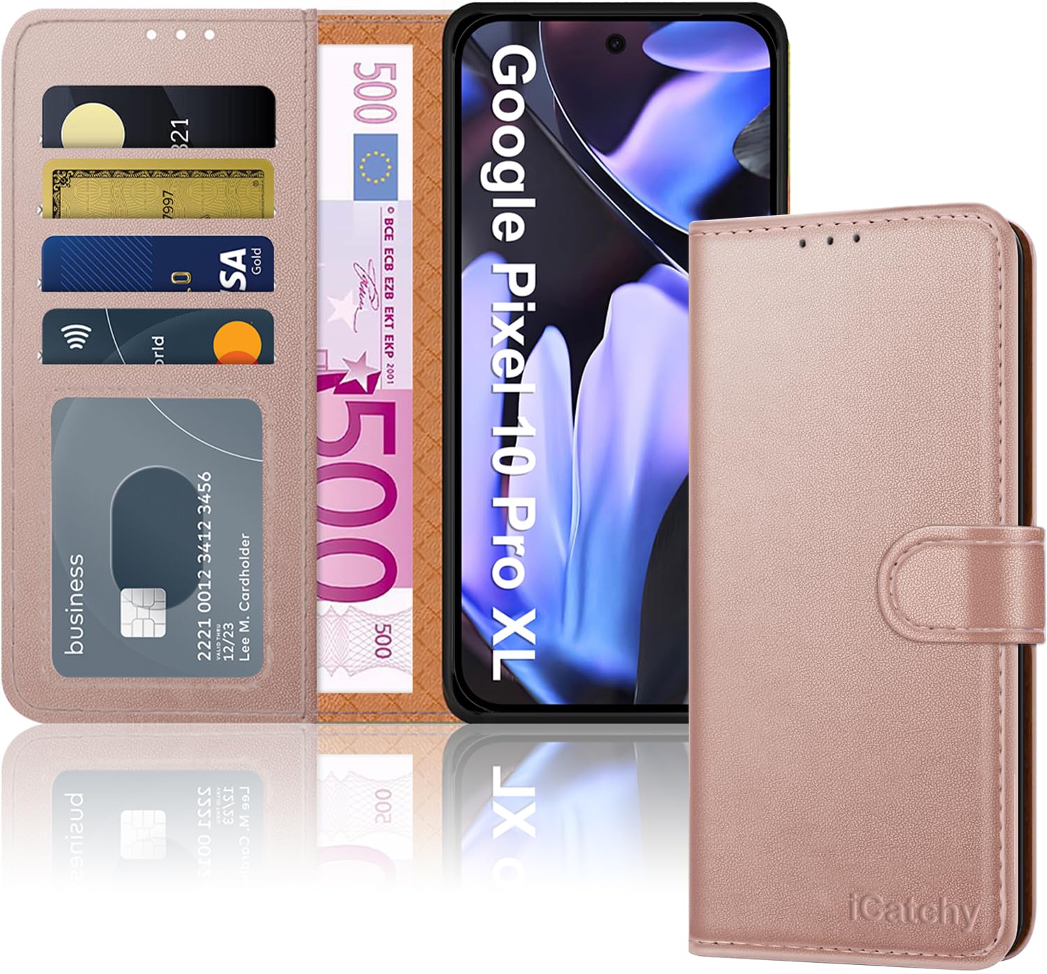 iCatchy Case for Google 10 Pro XL with 4 Card Slots Leather Wallet Flip Book Magnetic Closure Kickstand Shockproof Protective Phone Cover compatible with Pixel 10 Pro XL