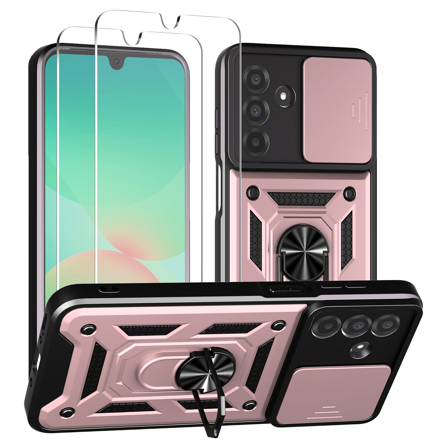 iCatchy Case for Samsung Galaxy A17 / A26 With 2 Screen Protector Sliding Camera Cover Shockproof Heavy-duty Military Rugged Ring Holder Kickstand